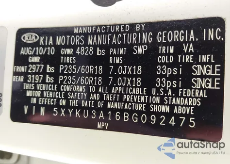 2011 Kia Sorento Ex z USA, uszkodzony, nr VIN 5XYKU3A16BG092475